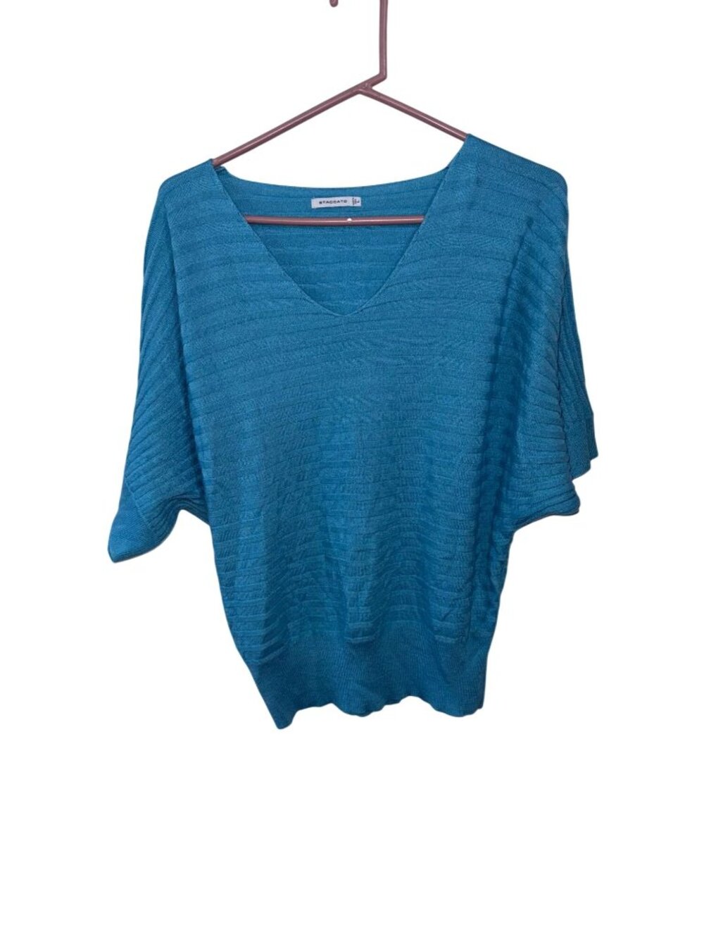 Staccato Womens Teal Knit V-Neck Top L Lightweight Pullover Short Sleeve